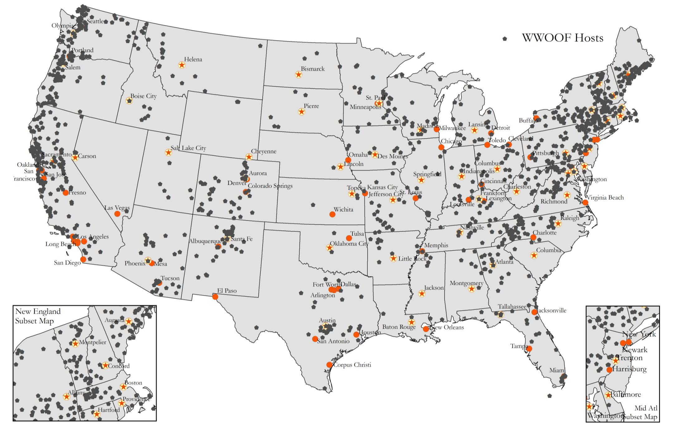 WWOOF host distribution map